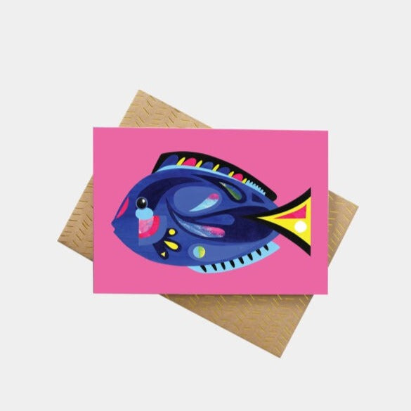 'Blue Tang Fish' Greeting Card by Pete Cromer.  We proudly support fun and beautiful Australian made art prints, textiles, homewares and jewellery by Aussie Creatives. www.greendoordecor.com.au
