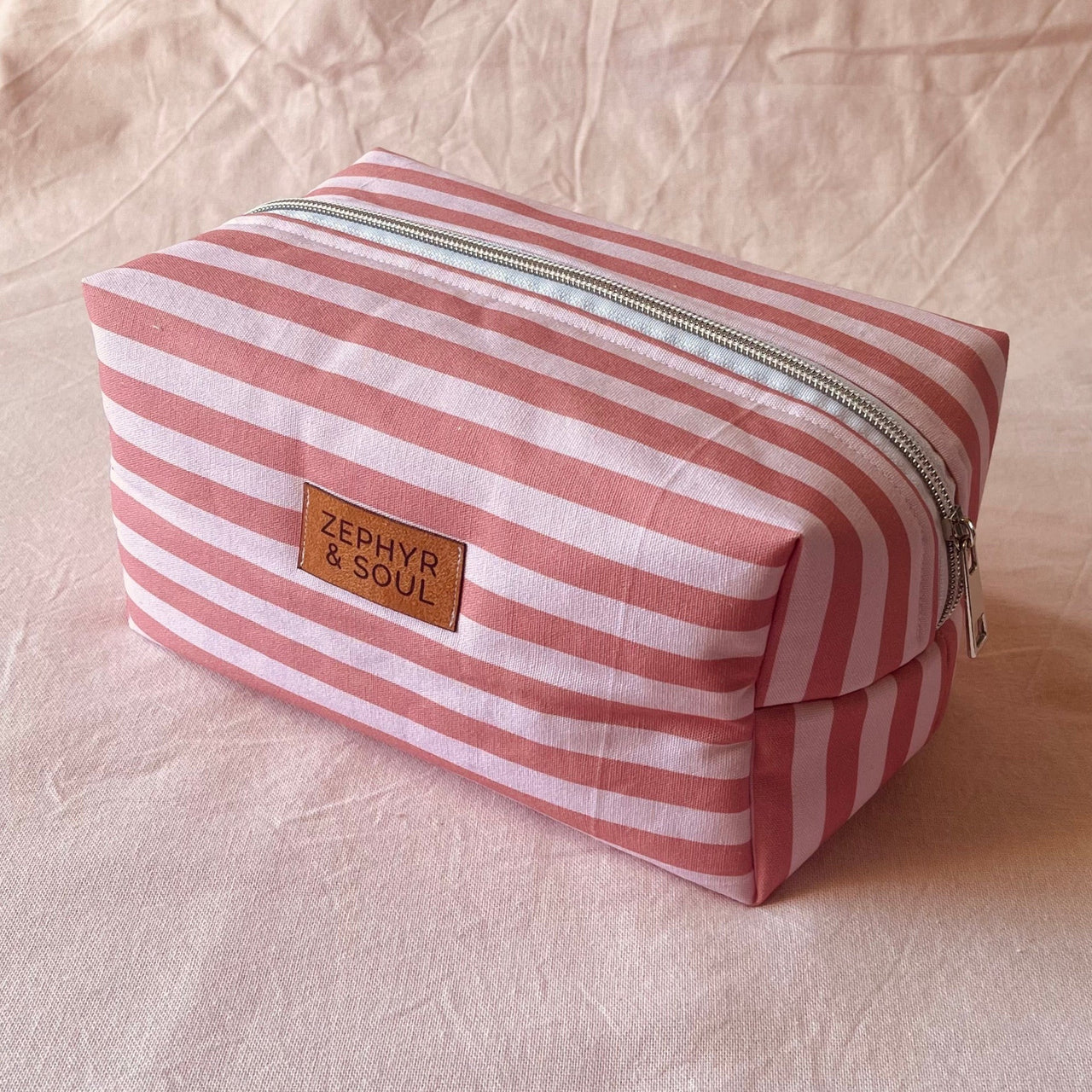 Make Up Bag | Pink Stripe | Zephyr + Soul | Designed and handmade in Australia. Australian Art Prints and Homewares. Green Door Decor. www.greendoordecor.com.au