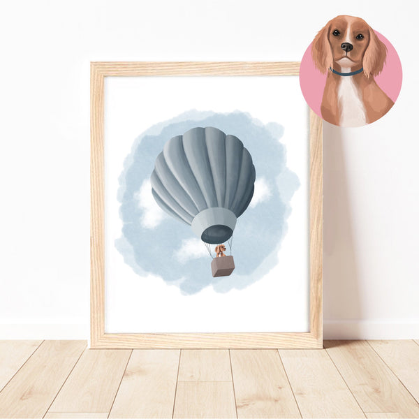 'Beagle' Dogs on Adventure Hot Air Balloon Blue Print by Cassie Zaccardo Art. Australian Art Prints and Homewares. Green Door Decor. www.greendoordecor.com.au