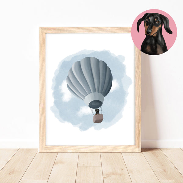 'Dachshund' Dogs on Adventures Hot Air Balloon Blue Print by Cassie Zaccardo Art. Australian Art Prints and Homewares. Green Door Decor. www.greendoordecor.com.au