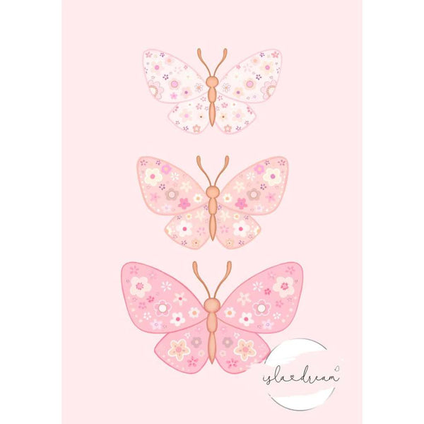 'Floral Butterfly Trio - Pink on pink background' Print print by Isla Dream. Australian Art Prints and Homewares. Green Door Decor. www.greendoordecor.com.au