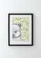 Walter the Wombat with Gum Leaves in a black frame, by Dots by Donna. Australian Art Prints. Green Door Decor. www.greendoordecor.com.au