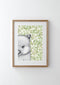 Walter the Wombat with Gum Leaves in a natural frame, by Dots by Donna. Australian Art Prints. Green Door Decor. www.greendoordecor.com.au