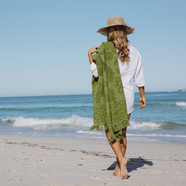 Lucia Boho Beach Towel Olive by Isla in Bloom. Australian Art Prints and Homewares. Green Door Decor. www.greendoordecor.com.au