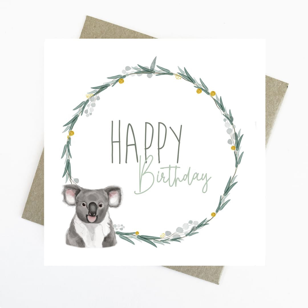 Happy Birthday Koala | Australian Animals Greeting Card by Cassie Zaccardo. Australian Art Prints and Homewares. Green Door Decor. www.greendoordecor.com.au