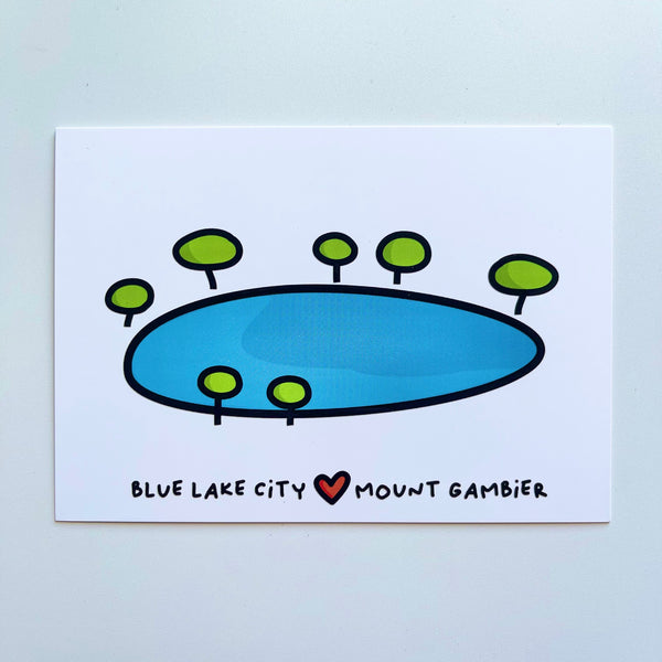 Postcard | Blue Lake City by Be Marsupial. Australian Art Prints and Homewares. Green Door Decor. www.greendoordecor.com.au