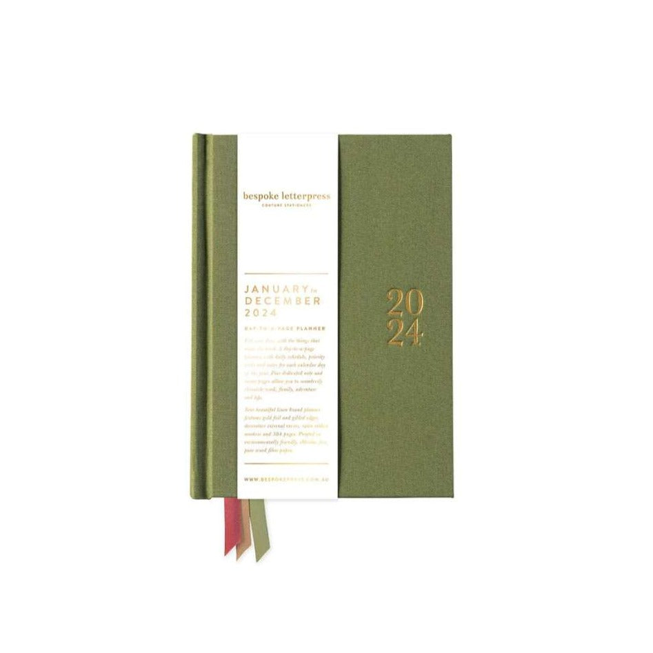 2024 Day to a Page Linen Bound Planner | Moss Green by Bespoke Letterpress. Australian Art Prints and Homewares. Green Door Decor. www.greendoordecor.com.au
