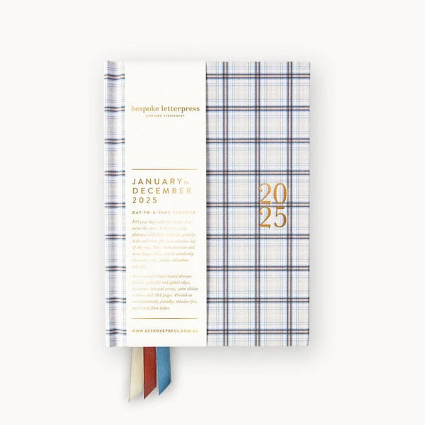 2025 'Day to a Page' Linen Bound Planner | Blue Plaid by Bespoke Letterpress. Australian Art Prints and Homewares. Green Door Decor. www.greendoordecor.com.au