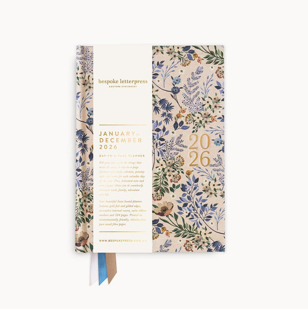 2026 'Day to a Page' Linen Bound Planner | Bluebuds by Bespoke Letterpress. Australian Art Prints and Homewares. Green Door Decor. www.greendoordecor.com.au