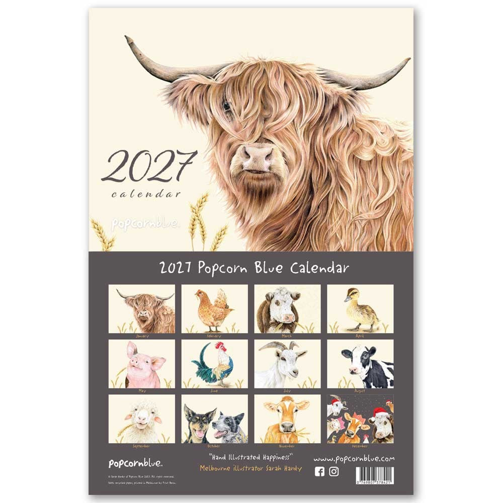 2027 Calendar by Popcorn Blue - Farm Edition. Australian Art Prints, Gifts, Fashion and Homewares. Green Door Decor. www.greendoordecor.com.au