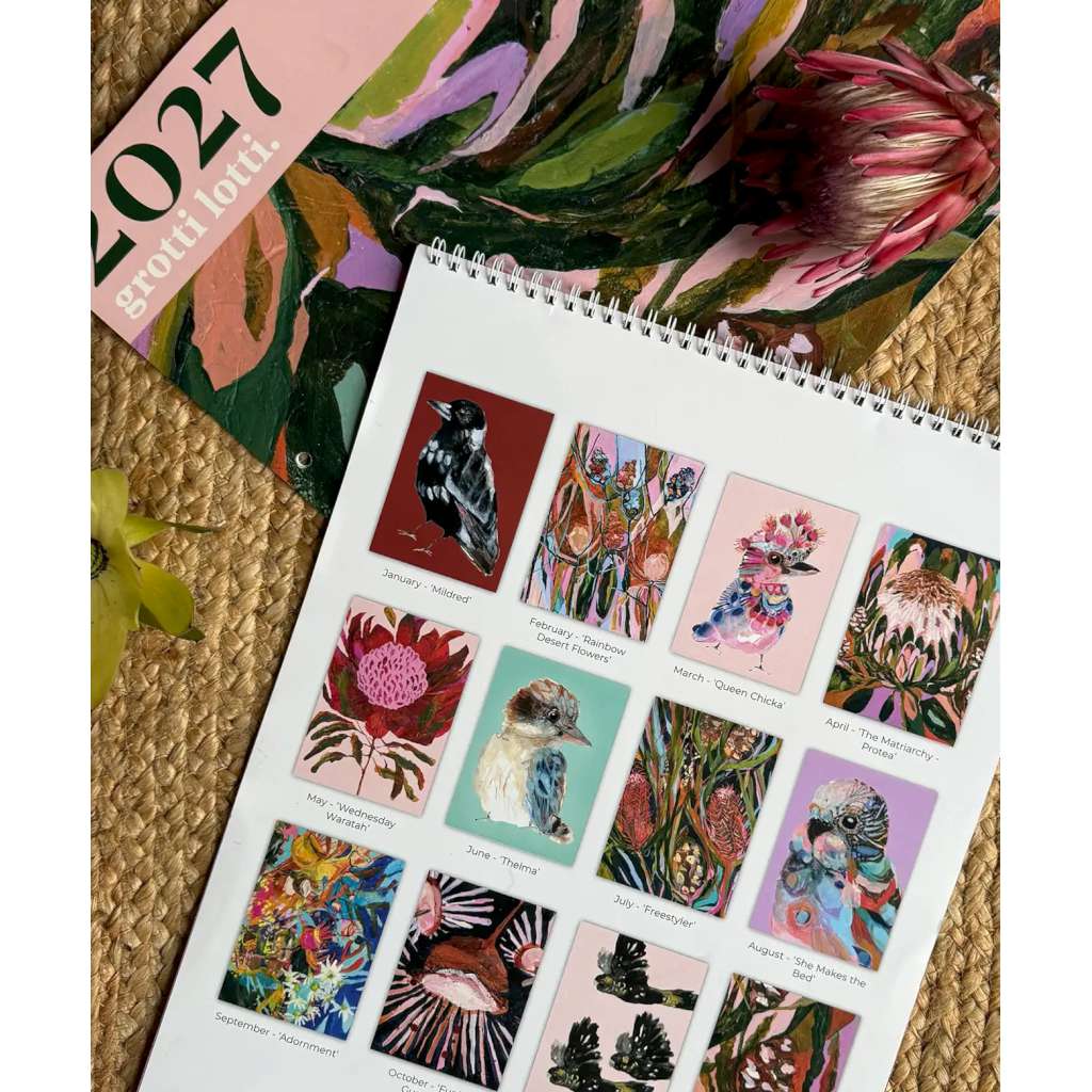 2027 Grotti Lotti Calendar | A3. Australian Art Prints, Gifts, Fashion and Homewares. Green Door Decor. www.greendoordecor.com.au