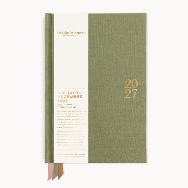 2027 Petite Vertical Planner | Laurel Green by Bespoke Letterpress. Australian Art Prints, Gifts, Fashion and Homewares. Green Door Decor. www.greendoordecor.com.au
