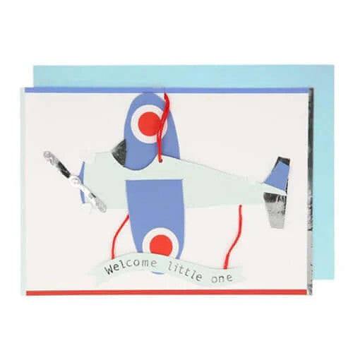 Aeroplane Hanging Baby Card - Welcome Little One by Meri Meri. Australian Art Prints and Homewares. Green Door Decor. www.greendoordecor.com.au