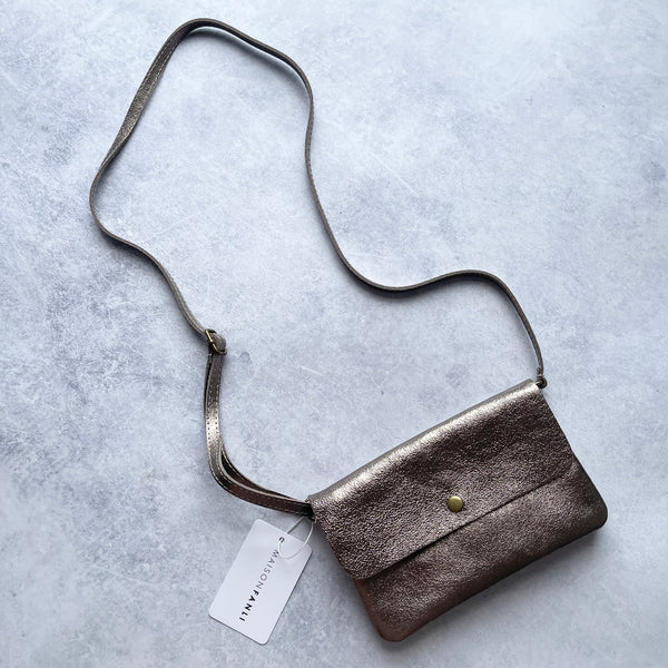 Maison Fanli | Line Metallic Leather Clutch Crossbody Bag - Champagne. Australian Art Prints, Gifts, Fashion and Homewares. Green Door Decor. www.greendoordecor.com.au
