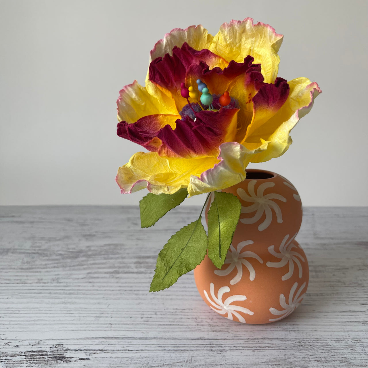 Paper Whirly Single Stem Flower | Daphne (Yellow with Pink Tip) by Nibbanah. Australian Art Prints and Homewares. Green Door Decor. www.greendoordecor.com.au