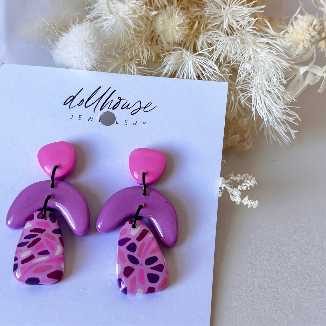 'Pink & Purple Confetti' Dangles by Dollhouse Jewellery. Australian Art Prints and Homewares. Green Door Decor. www.greendoordecor.com.au