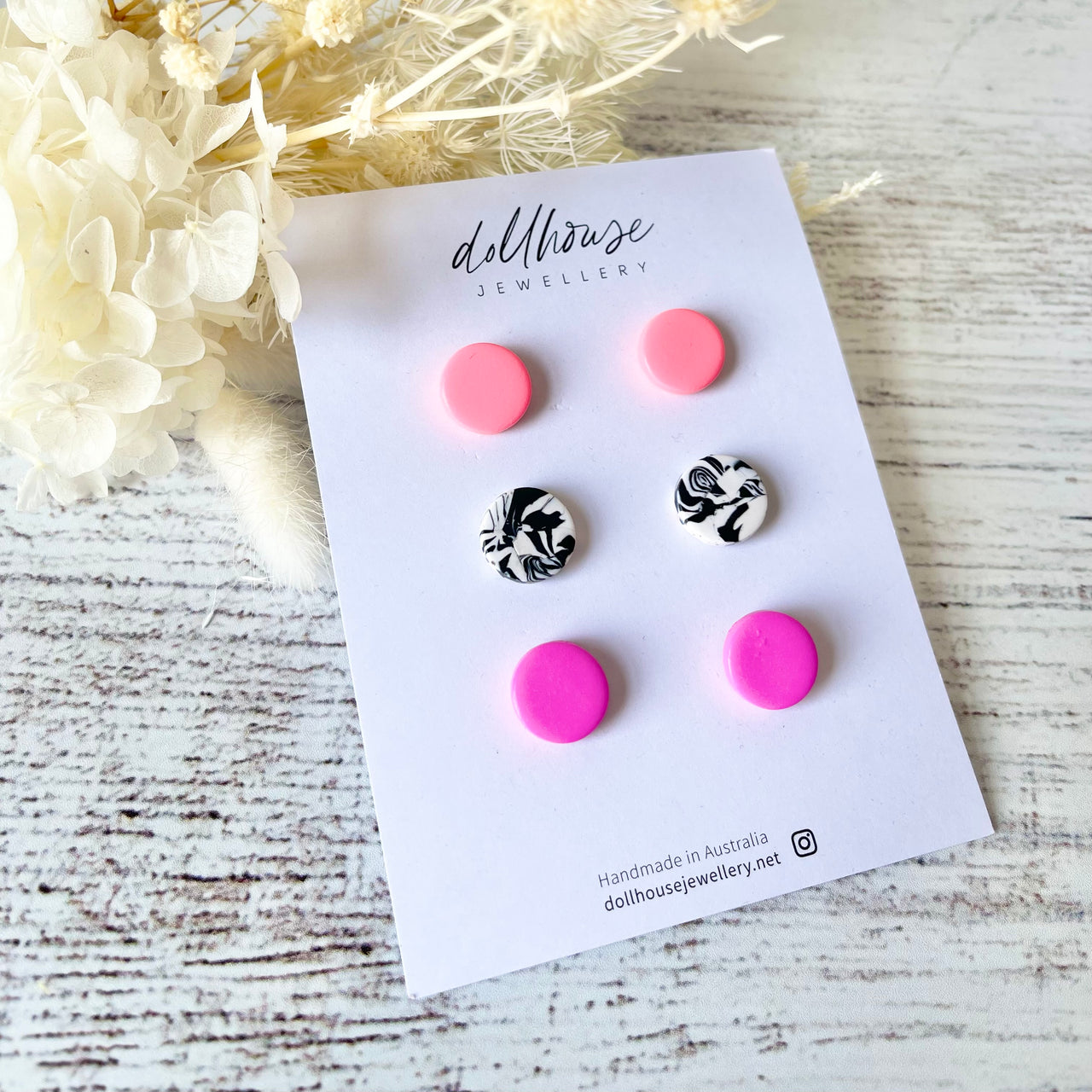 Dollhouse Stud Pack | Pink/Black Swirl by Dollhouse Jewellery. Australian Art Prints and Homewares. Green Door Decor. www.greendoordecor.com.au