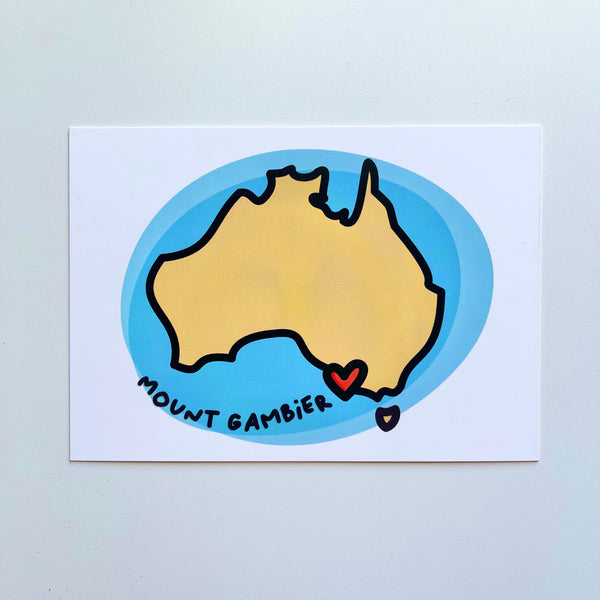Postcard | Mount Gambier by Be Marsupial. Australian Art Prints and Homewares. Green Door Decor. www.greendoordecor.com.au