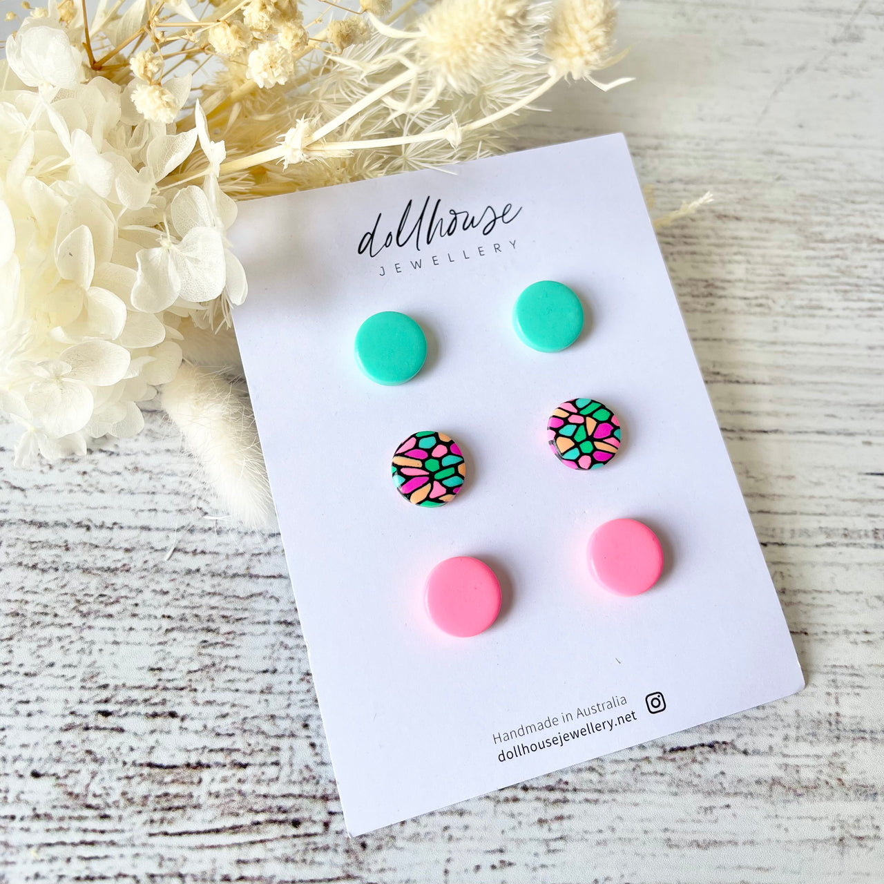 Dollhouse Stud Pack | Aqua/Pink Confetti by Dollhouse Jewellery. Australian Art Prints and Homewares. Green Door Decor. www.greendoordecor.com.au