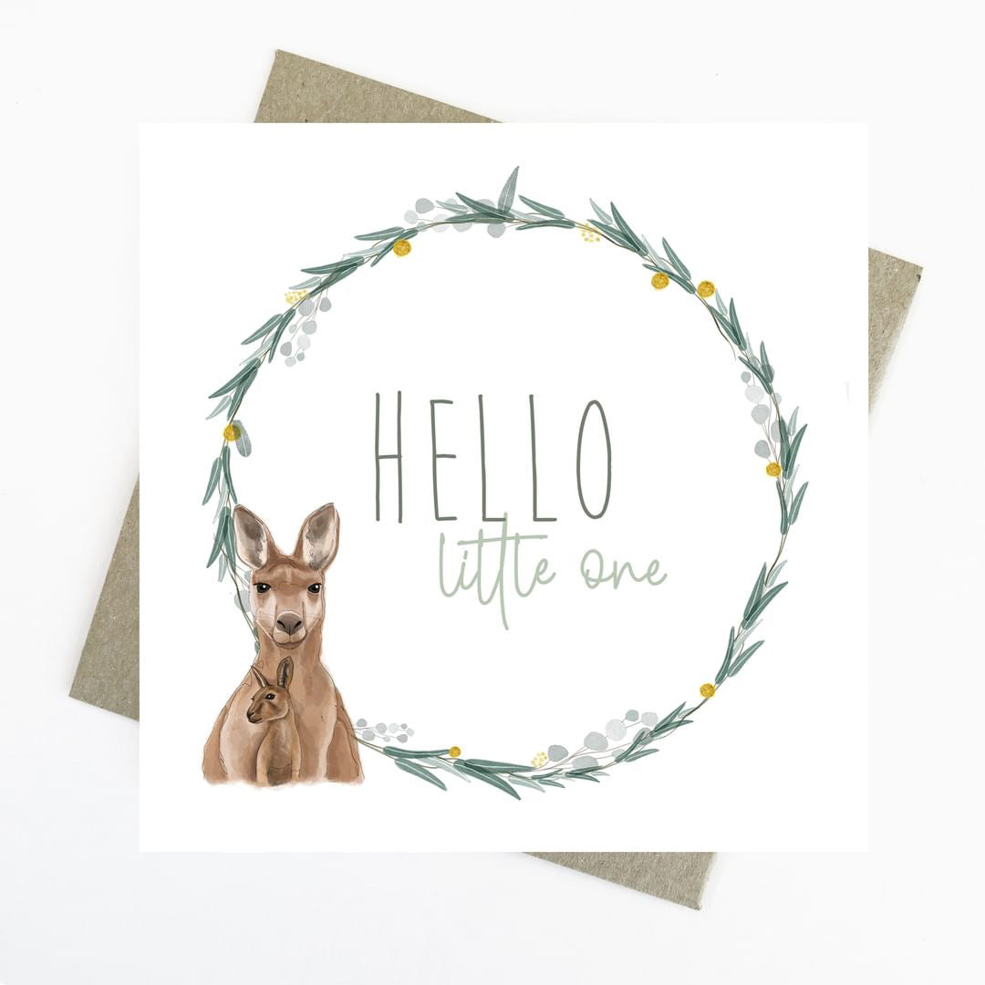 Hello Little One Kangaroo & Joey | Australian Animals Greeting Card by Cassie Zaccardo. Australian Art Prints and Homewares. Green Door Decor. www.greendoordecor.com.au