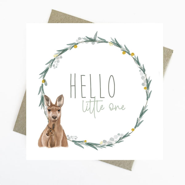 Hello Little One Kangaroo & Joey | Australian Animals Greeting Card by Cassie Zaccardo. Australian Art Prints and Homewares. Green Door Decor. www.greendoordecor.com.au