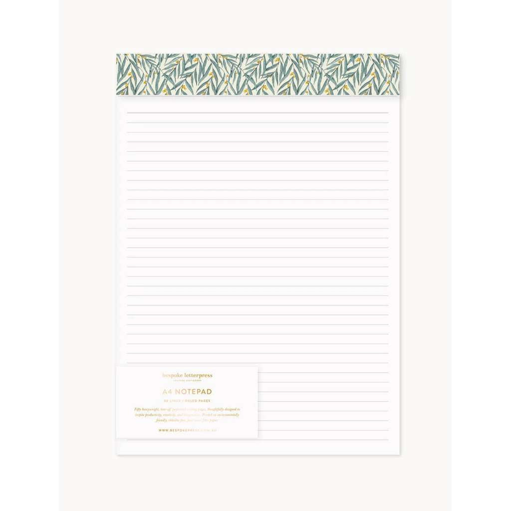 A4 Notepad (Lined) | Golden Wattle by Bespoke Letterpress. Australian Art Prints, Gifts, Fashion and Homewares. Green Door Decor. www.greendoordecor.com.au