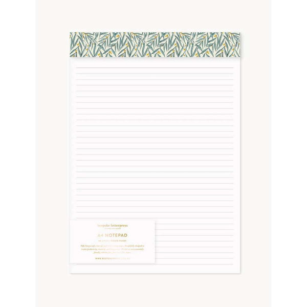 A4 Notepad (Lined) | Golden Wattle by Bespoke Letterpress. Australian Art Prints, Gifts, Fashion and Homewares. Green Door Decor. www.greendoordecor.com.au