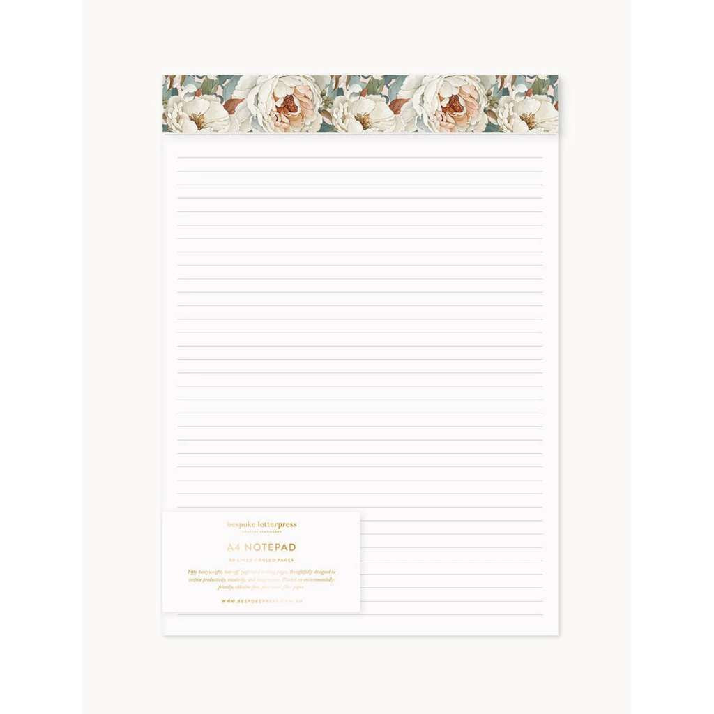 A4 Notepad (Lined) | Heritage Roses by Bespoke Letterpress. Australian Art Prints, Gifts, Fashion and Homewares. Green Door Decor. www.greendoordecor.com.au