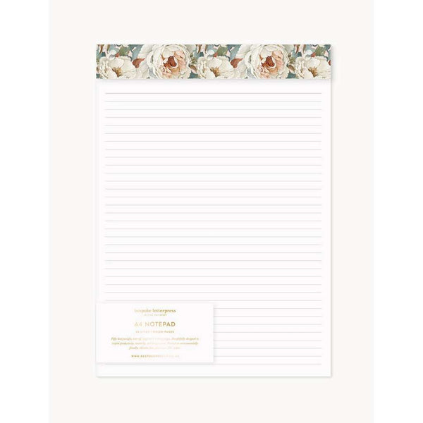 A4 Notepad (Lined) | Heritage Roses by Bespoke Letterpress. Australian Art Prints, Gifts, Fashion and Homewares. Green Door Decor. www.greendoordecor.com.au