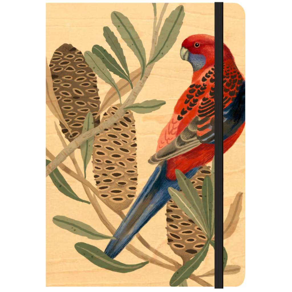 A5 Journal | Daniella Germain | Rosella with Banksia by Greenigo. Australian Art Prints and Homewares. Green Door Decor. www.greendoordecor.com.au