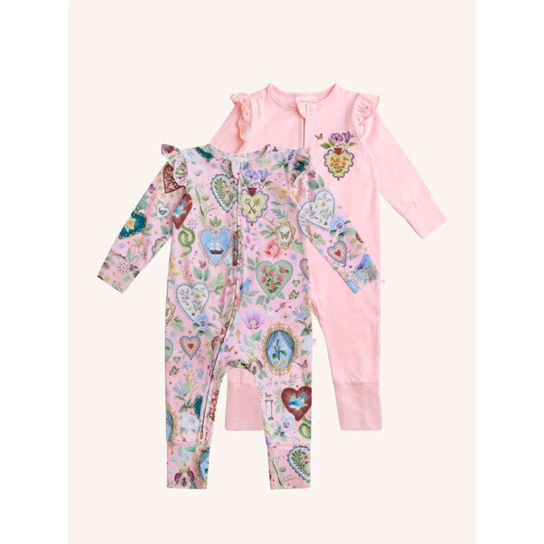 'All my Hearts' Precious Frill Coverall Set - 2 pack | Parfait Pink by Fleur Harris. Australian Art Prints and Homewares. Green Door Decor. www.greendoordecor.com.au