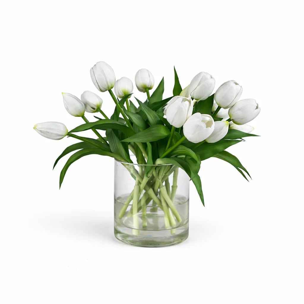 Artificial White Tulip Arrangement in Glass Vase - 29cm by HG Living. Australian Art Prints, Gifts, Fashion and Homewares. Green Door Decor. www.greendoordecor.com.au