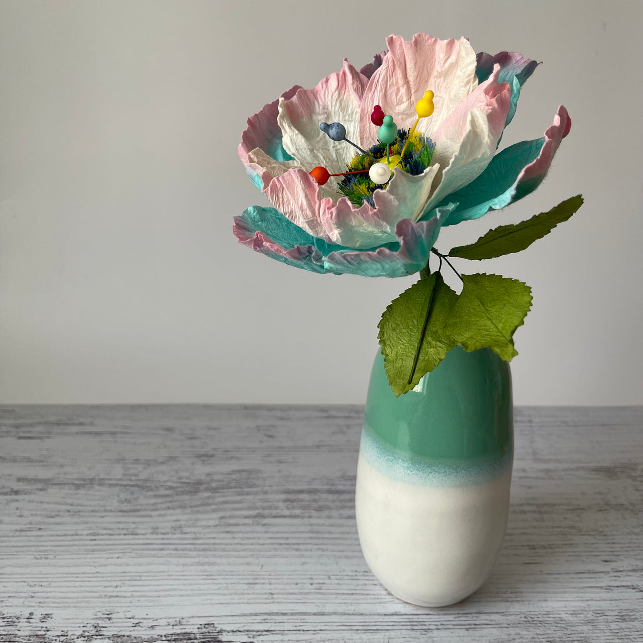 Paper Whirly Single Stem Flower | Sylvia (Aqua, White & Pink) by Nibbanah. Australian Art Prints and Homewares. Green Door Decor. www.greendoordecor.com.au