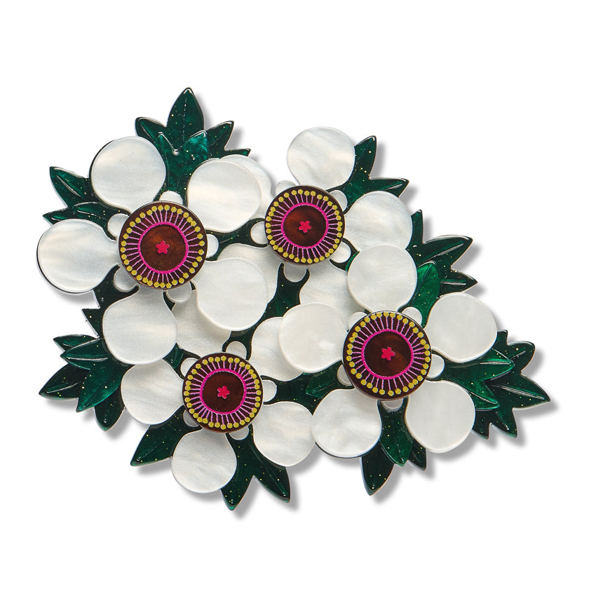 Manuka Brooch | Erstwilder X Royal Botanic Gardens Victoria. Australian Art Prints, Gifts, Fashion and Homewares. Green Door Decor. www.greendoordecor.com.au