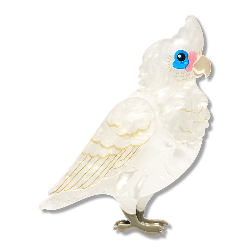 Little Corella Brooch | Erstwilder X Royal Botanic Gardens Victoria. Australian Art Prints, Gifts, Fashion and Homewares. Green Door Decor. www.greendoordecor.com.au