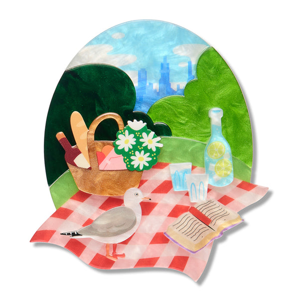A Royal Garden Picnic Brooch | Erstwilder X Royal Botanic Gardens Victoria. Australian Art Prints, Gifts, Fashion and Homewares. Green Door Decor. www.greendoordecor.com.au