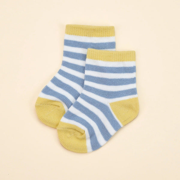 Organic Cotton Baby Socks | Mustard & Blue Stripes by Lummi in Colour. Australian Art Prints, Gifts, Fashion and Homewares. Green Door Decor. www.greendoordecor.com.au