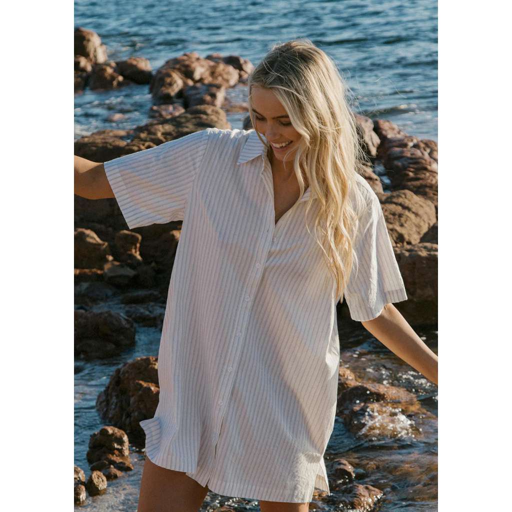 Beach Days Shirt Dress | White/Blue by Titchie. Australian Art Prints and Homewares. Green Door Decor. www.greendoordecor.com.au