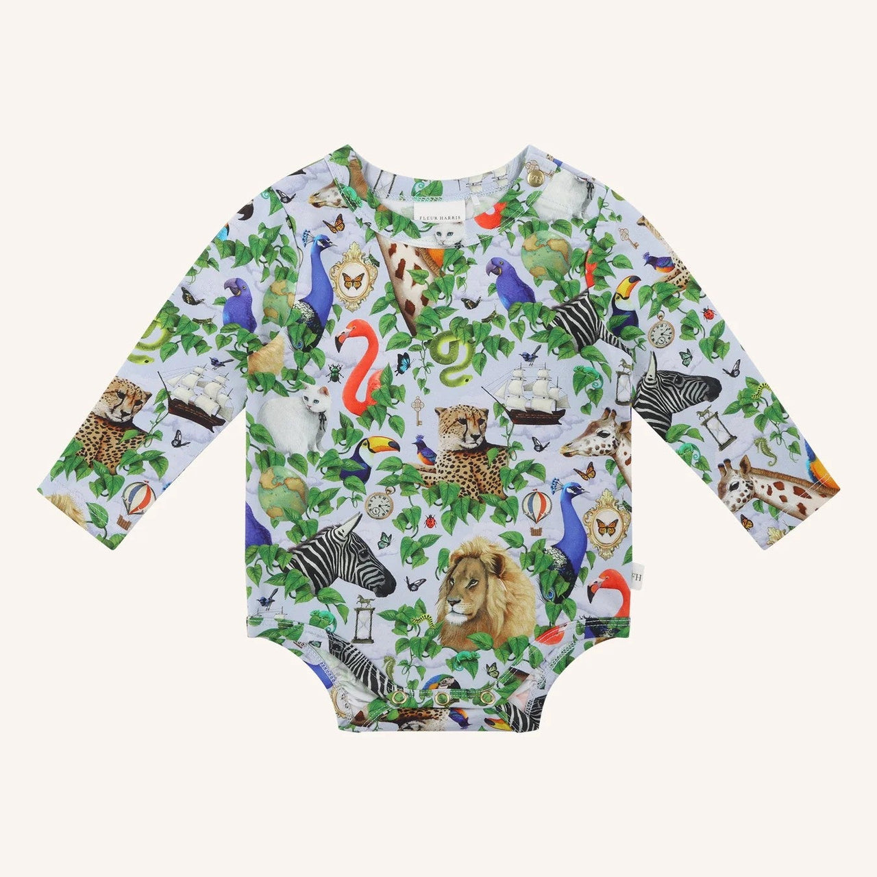 'Beautiful World' Treasured Long Sleeve Bodysuit | Winter Sky by Fleur Harris. Australian Art Prints and Homewares. Green Door Decor. www.greendoordecor.com.au