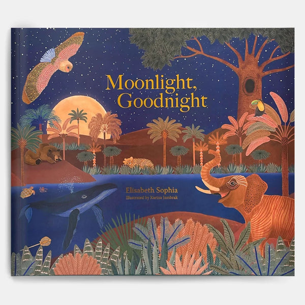 Moonlight Goodnight paperback book, written by Elisabeth Sophia, illustrated by Karina Jambrak. Australian Art Prints and Homewares. Green Door Decor. www.greendoordecor.com.au