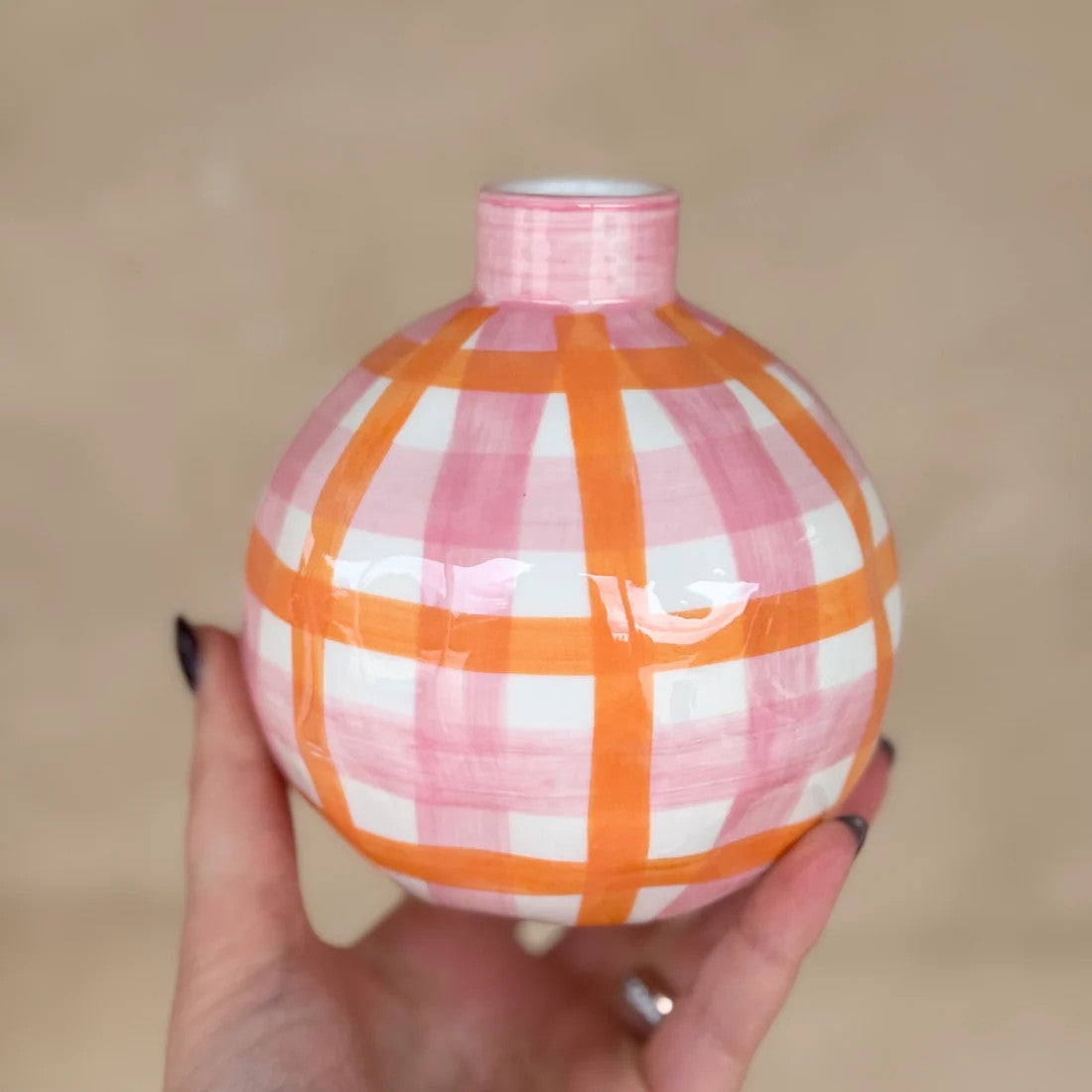 Bud Vase | Pink & Orange Gingham by Noss & Co. Australian Art Prints and Homewares. Green Door Decor. www.greendoordecor.com.au