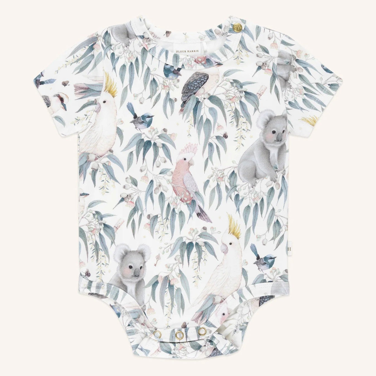 'Bush Babies' Australia Bush Bodysuit - Bush Babies Gardenia by Fleur Harris. Australian Art Prints and Homewares. Green Door Decor. www.greendoordecor.com.au