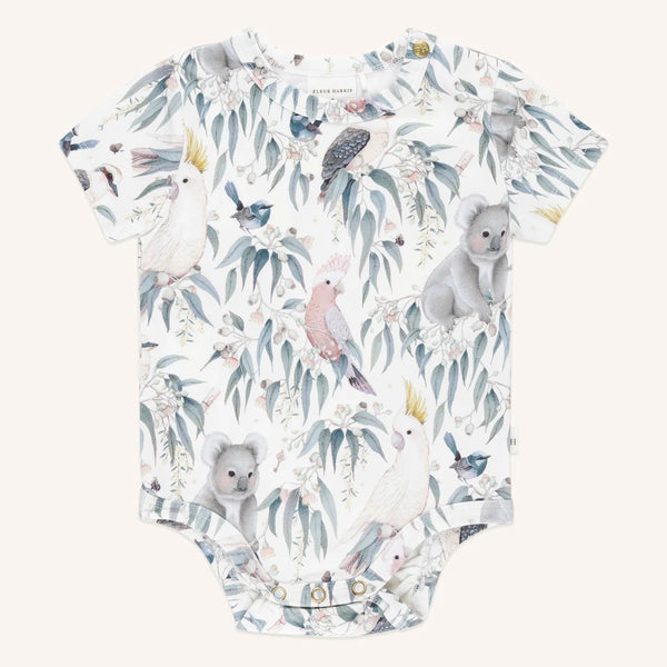 'Bush Babies' Australia Bush Bodysuit - Bush Babies Gardenia by Fleur Harris. Australian Art Prints and Homewares. Green Door Decor. www.greendoordecor.com.au