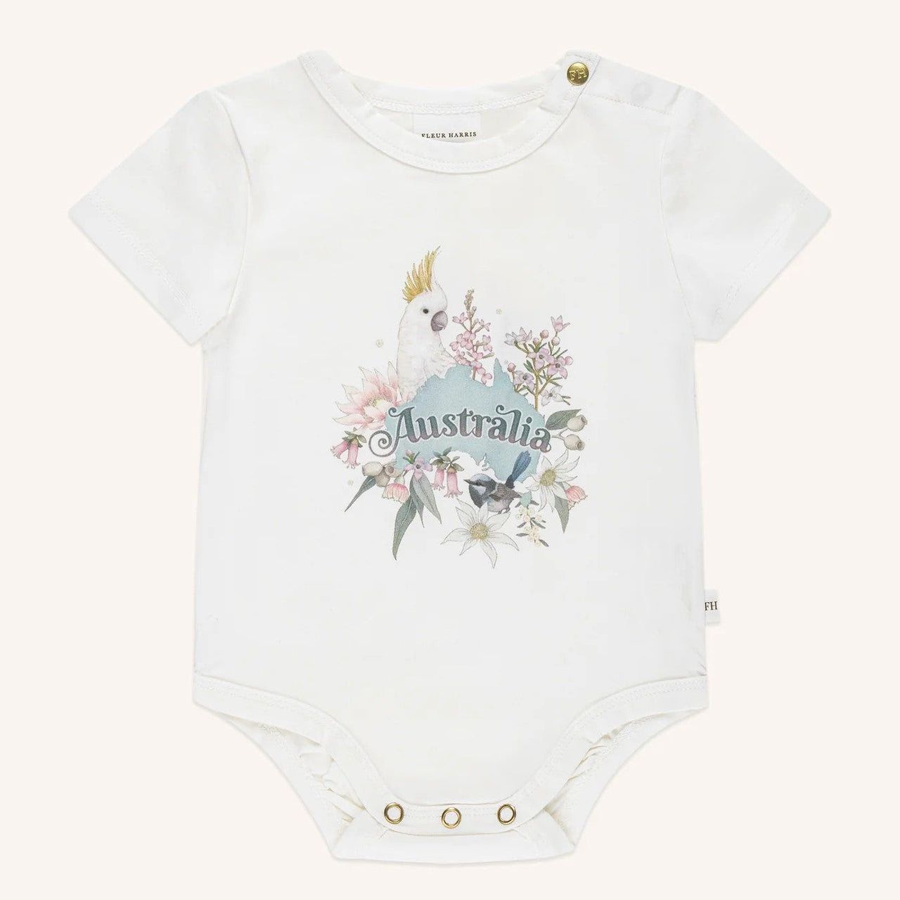 'Bush Babies' Australia Bush Bodysuit - Snow by Fleur Harris. Australian Art Prints and Homewares. Green Door Decor. www.greendoordecor.com.au