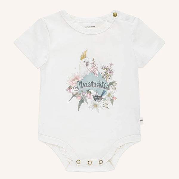 'Bush Babies' Australia Bush Bodysuit - Snow by Fleur Harris. Australian Art Prints and Homewares. Green Door Decor. www.greendoordecor.com.au