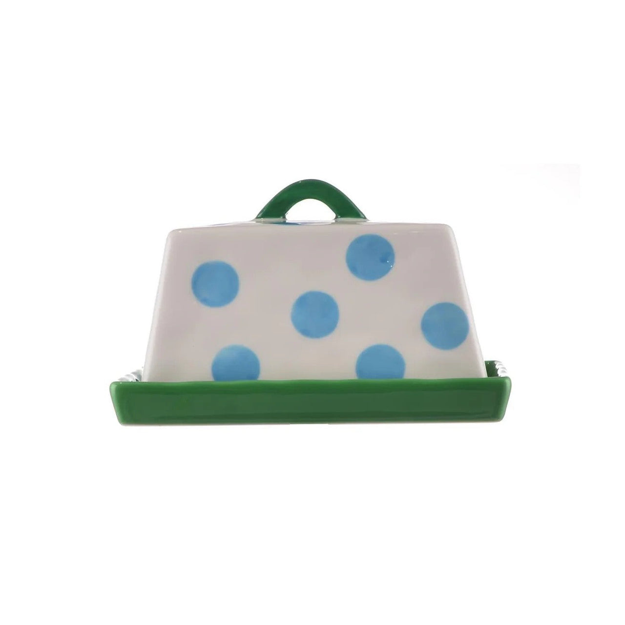 Ceramic Large Butter Dish | Blue Dots with Green Handle by Noss & Co. Australian Art Prints, Fashion and Homewares. Green Door Decor. www.greendoordecor.com.au