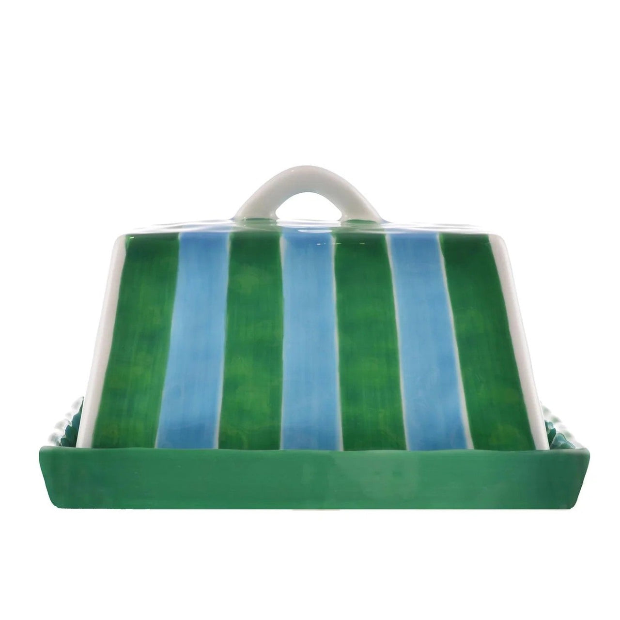 Ceramic Large Butter Dish | Cornflower Blue & Green Stripe by Noss & Co. Australian Art Prints, Fashion and Homewares. Green Door Decor. www.greendoordecor.com.au