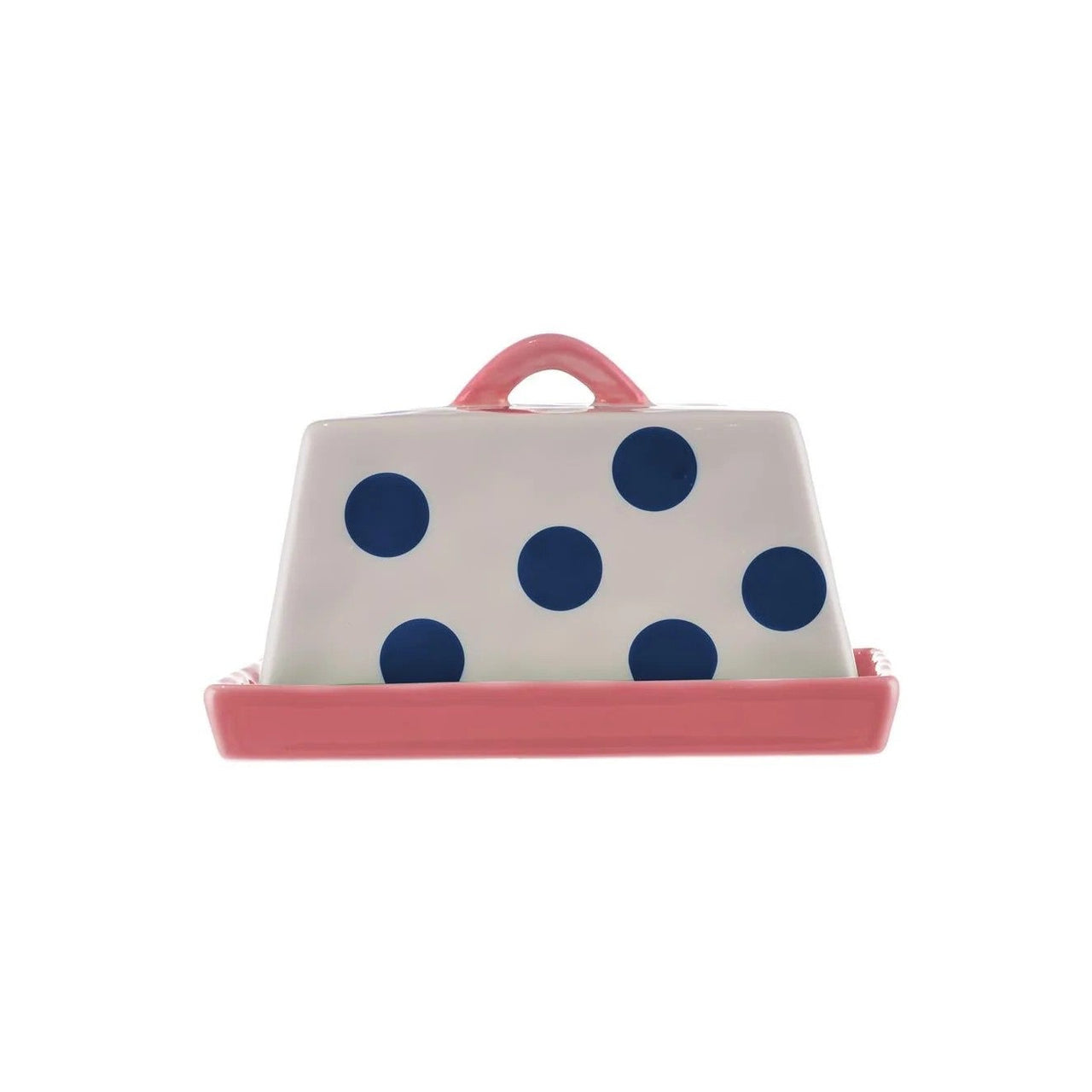 Ceramic Large Butter Dish | Navy Dots with Pink Handle by Noss & Co. Australian Art Prints, Fashion and Homewares. Green Door Decor. www.greendoordecor.com.au