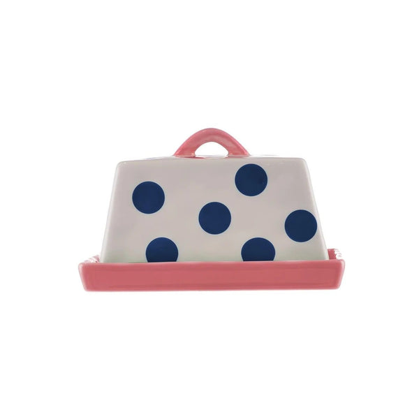 Ceramic Large Butter Dish | Navy Dots with Pink Handle by Noss & Co. Australian Art Prints, Fashion and Homewares. Green Door Decor. www.greendoordecor.com.au