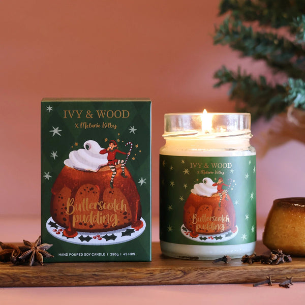 Butterscotch Pudding | Limited Edition Christmas Candle by Ivy & Wood. Australian Art Prints, Gifts, Fashion and Homewares. Green Door Decor. www.greendoordecor.com.au